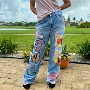 Artfully Altered Gap Carpenter jeans hand embroidered flowers butterflies Medium